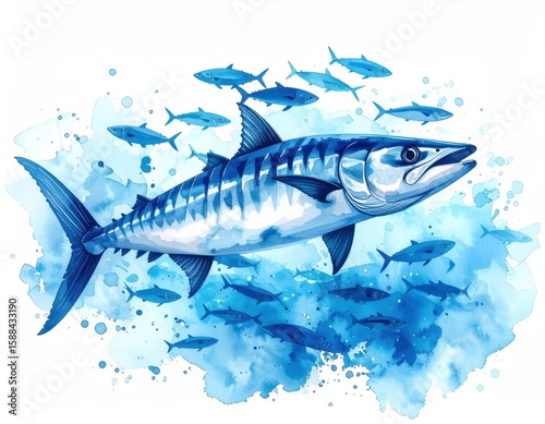 Watercolor depiction of a barracuda hunting a school of fish in ocean waters
