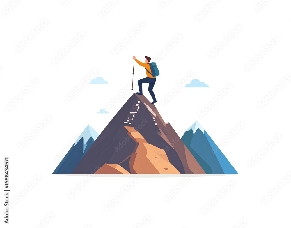 Fototapeta premium Male hiker with a backpack and trekking pole reaching the summit of a rocky mountain peak.