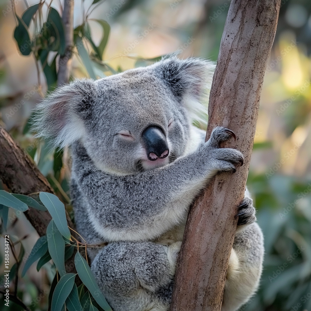 Obraz premium Koala holding onto eucalyptus tree, looking sleepy and relaxed