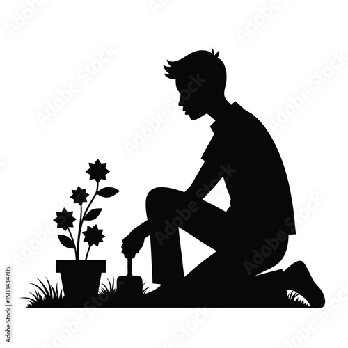 Person planting flowers with garden tool silhouette