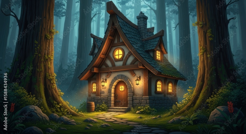 Fototapeta premium Whimsical Fairy Tale Cottage in Mystical Forest with Warm Lighting