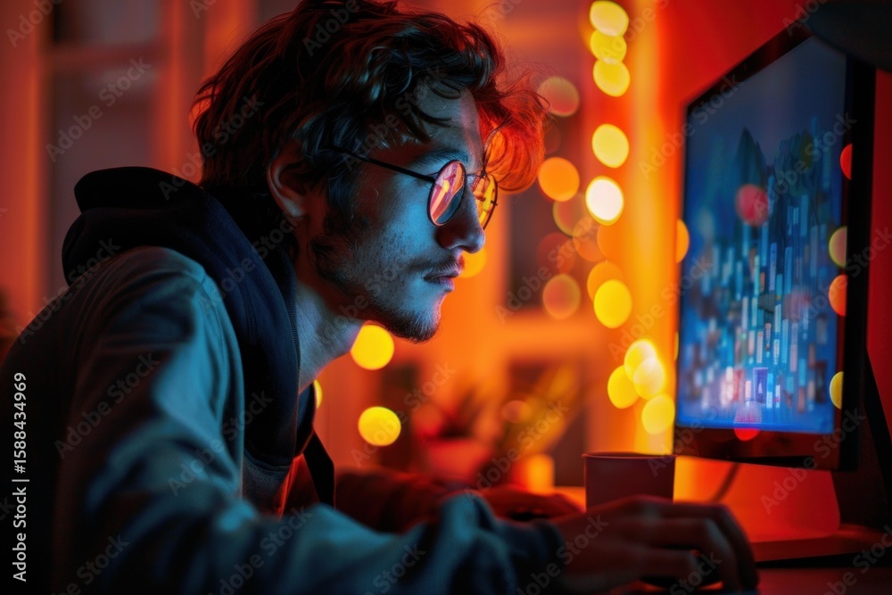 Fototapeta premium Focused software developer is working late at night, illuminated by the glow of his computer screen and neon lights