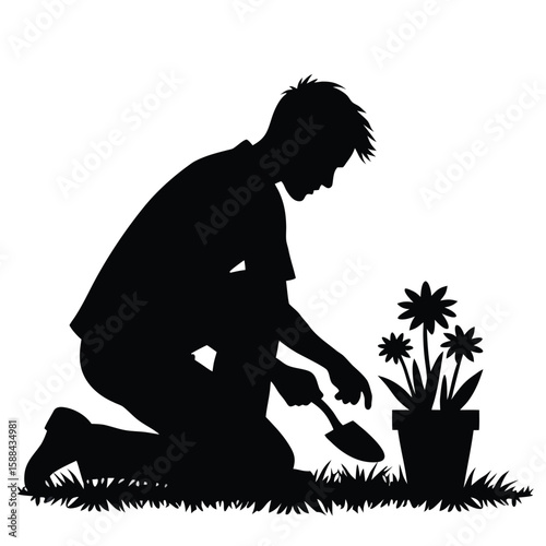 Silhouette of a person gardening with a trowel and potted flowers planting