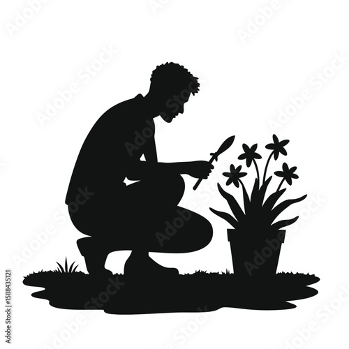Person tending potted flowers with gardening tool silhouette potted plant