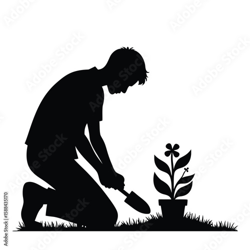 Person planting flower in pot with shovel vector
