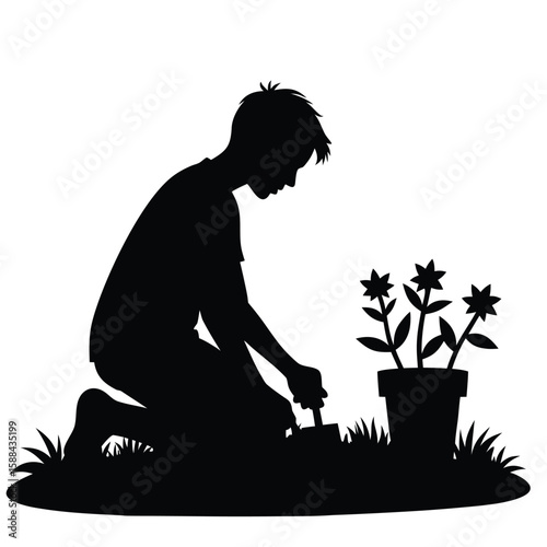 Boy planting flowers in garden with trowel silhouette gardening