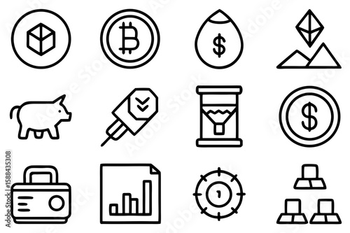 A minimalist icon set featuring cryptocurrency, finance, and investment symbols like Bitcoin, gold bars, charts, and piggy banks in a clean, black-line style.