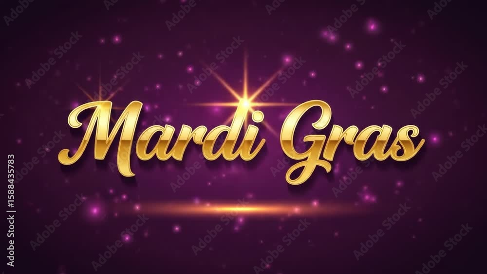 Golden Mardi Gras Text Animation on Sparkling Purple Background