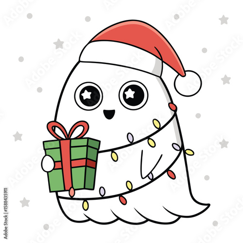 Cute Ghost Wearing Santa Hat Holding Christmas Gift Surrounded by Lights