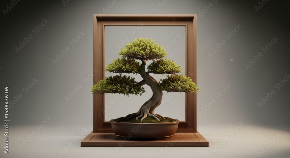 Fototapeta premium Bonsai Tree in Wooden Frame Displaying Artistic Miniature Tree