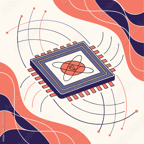 Illustration of a square chip with an atom symbol surrounded by wavy lines and abstract shapes