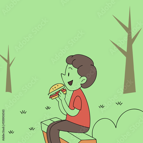 Boy enjoying vegetarian sandwich while sitting on a bench outdoors  
