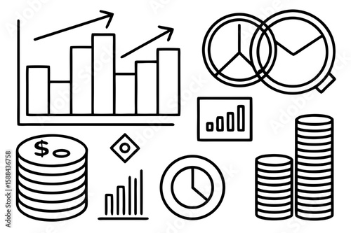 A minimalist icon set featuring charts, coins, and pie graphs in a sleek, black-line design, ideal for finance and data visualization.