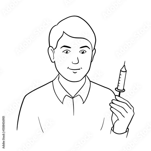 Man holding a syringe and smiling in a simple line art style  