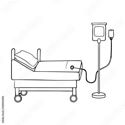Hospital bed with intravenous drip and blood pressure monitor  