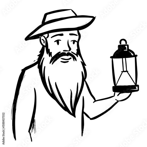 Bearded man holding an old-fashioned lantern in a vintage style  