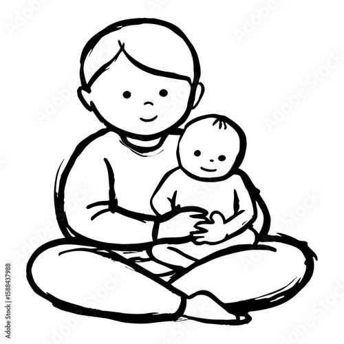 Young child sitting and holding baby on the floor at home  