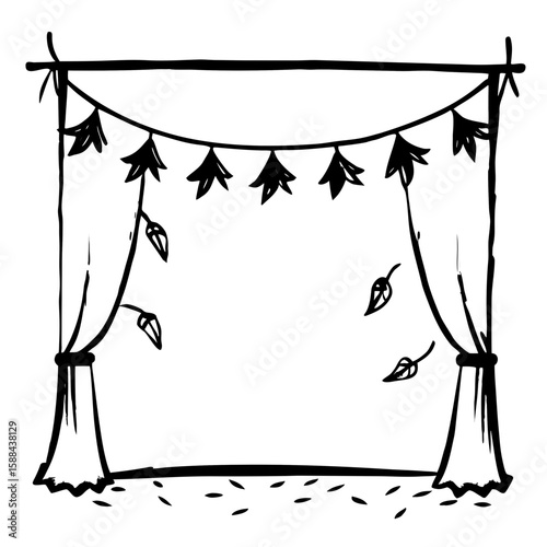 Autumn garlands on stage backdrop with falling leaves and curtains  