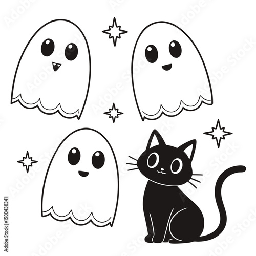 Cute Halloween Ghosts and Black Cat Companions