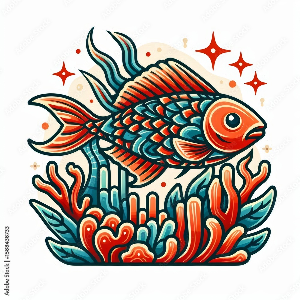 Fototapeta premium Colorful Coral Reef Fish Tattoo Art, A Vibrant Underwater Illustration