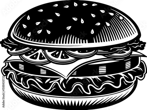 Black and White Burger Illustration - Classic Sesame Bun Design