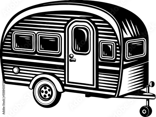 Black and White Camper Trailer Illustration - Vintage Travel Design