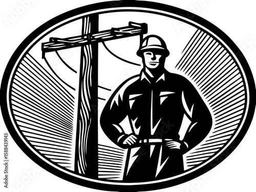 Black and White Lineman Illustration - Power Line Worker Design