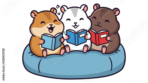 Adorable Hamster Cartoon Characters Reading Books on a Beanbag Illustration for Educational Designs