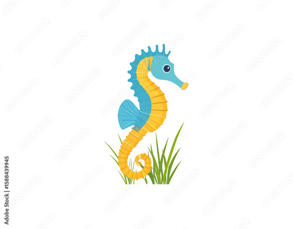 Fototapeta premium Stylized blue and yellow seahorse illustration with a curled tail among green seaweed.
