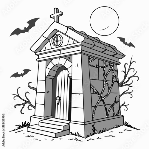 Haunted tombstone with bats and moon in spooky landscape  