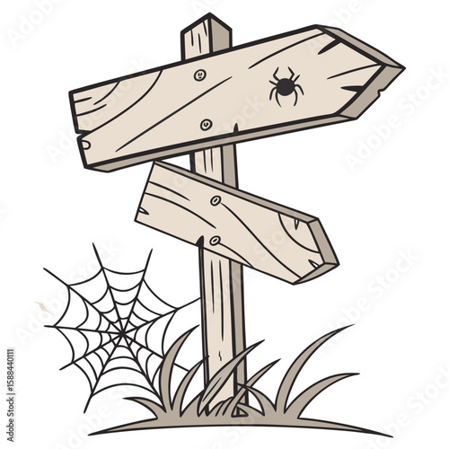 Wooden signpost with spider and spiderweb in grassy area  