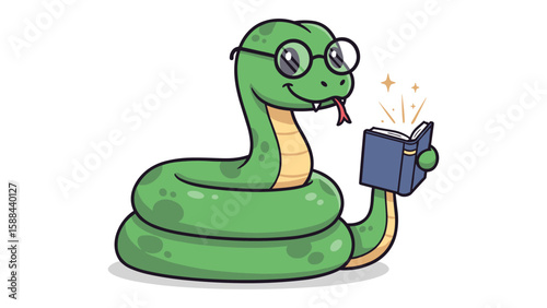 Cartoon Snake Reading Book Illustration for Education and Learning Resources Library