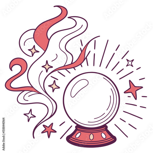 Crystal ball with stars and mystical smoke in illustrative style  