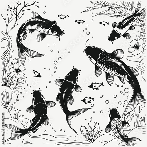 koi carps in the pond sketch illustration vector