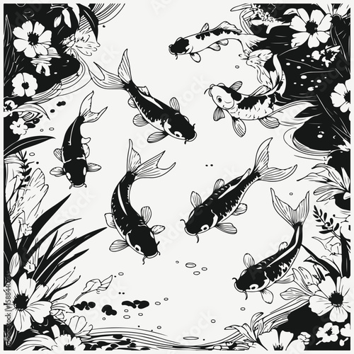 koi carps in the pond sketch illustration vector