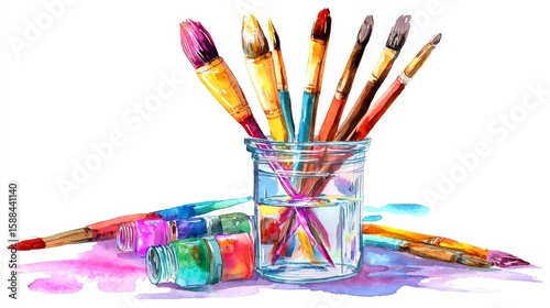 watercolor paintbrushes in glass jar, colorful clip art preview