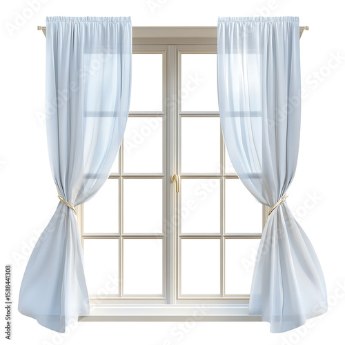 Open window with sheer curtains blowing in the breeze, home comfort theme, isolated PNG.
