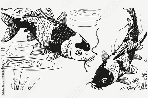 koi carps in the pond sketch illustration vector