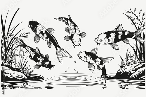 koi carps in the pond sketch illustration vector