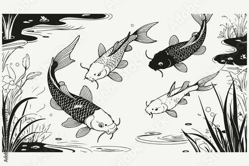 koi carps in the pond sketch illustration vector