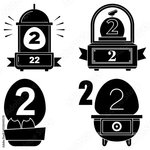 Four black and white illustrations of egg themed incubator designs with the number two on them