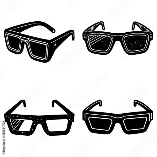 Four pairs of sunglasses with different lens styles in a black and white vector illustration design