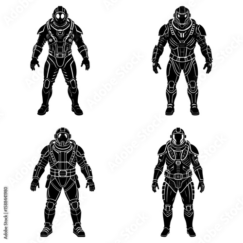Four black and white illustrations of futuristic armored space suits in various standing positions