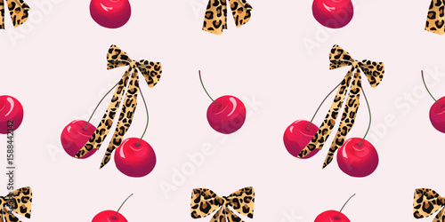 Stylish seamless pattern of cherries and bows with a leopard print on a pink background. Trendy pop art vibe for fashion, posters, stickers, packaging, and more.