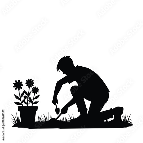 Gardener planting flowers in a pot silhouette person gardening