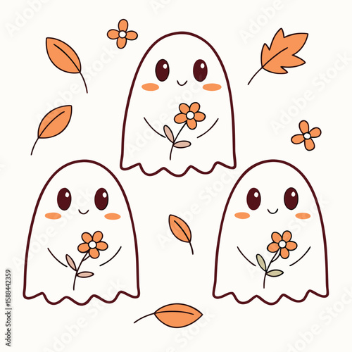 Cute Autumn Ghosts Holding Flowers and Falling Leaves Illustration
