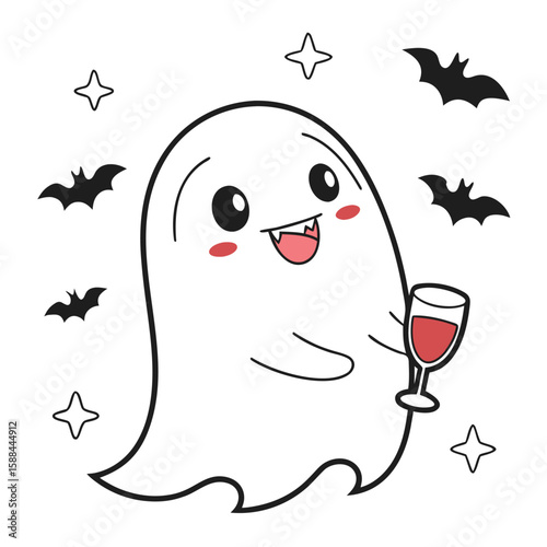 Kawaii Ghost Holding a Wine Glass with Bats and Stars
