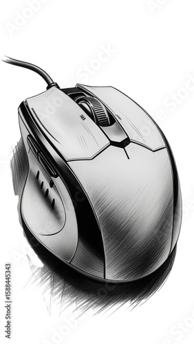 A highly detailed black-and-white pencil drawing of a computer mouse in a realistic style