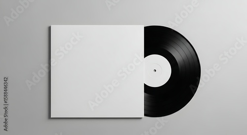 mock up of Blank white vinyl record album cover and record on a gray surface.