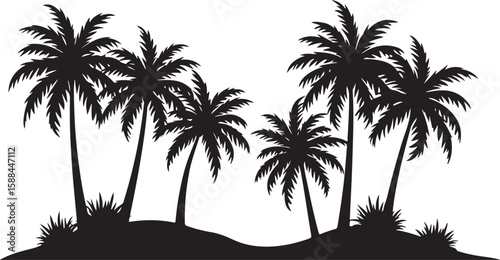 Golden sunset silhouettes of tropical palm trees line a serene beach, evoking a perfect summer island paradise vacation